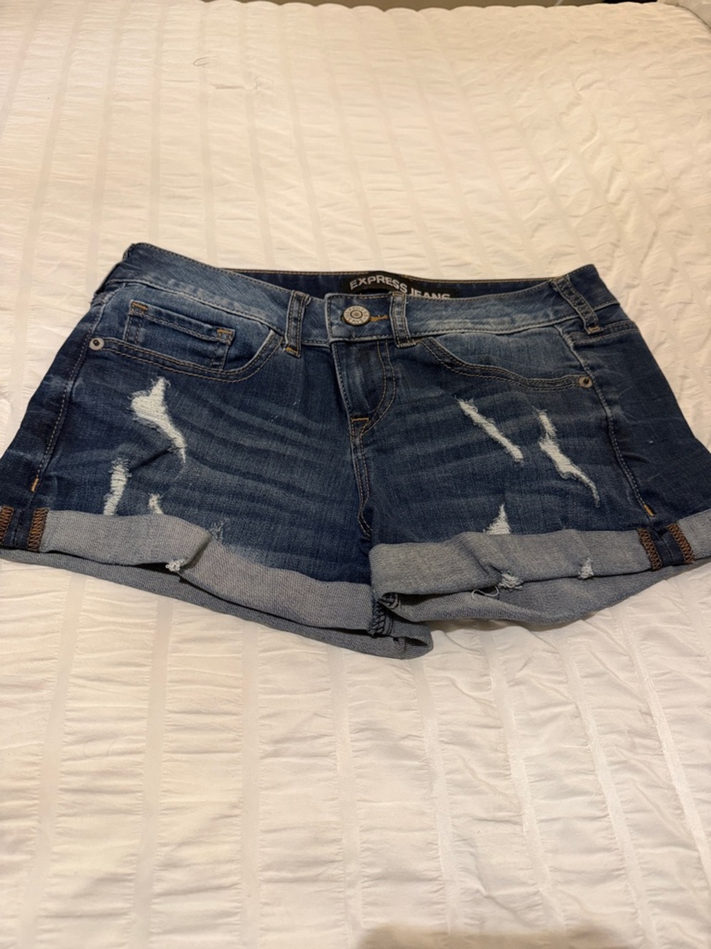 Express Dark Blue Distressed Rolled Hem Denim Shorts